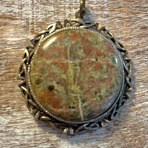Dragons Blood Jasper & Silvertone Pendant Celtic Style Approx 1.75" Diameter
